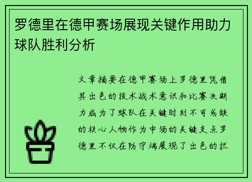 罗德里在德甲赛场展现关键作用助力球队胜利分析